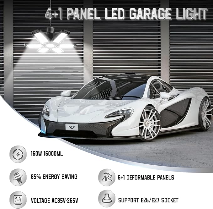 Garage Light 6 Pack 160W, 16000LM LED Lights for Garage with 6+1 Deformable Panels 6500K Screw in LED Shop Lighting for Workshop, Basement Support E26/E27