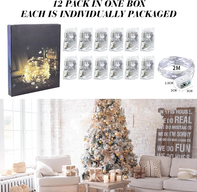 ZGWJ 12 Pack White Fairy Lights, Mini String Lights | Battery Operated 7 FT 20 LED Waterproof 3 Modes for DIY, Parties, Wedding, Halloween, Christmas Decoration