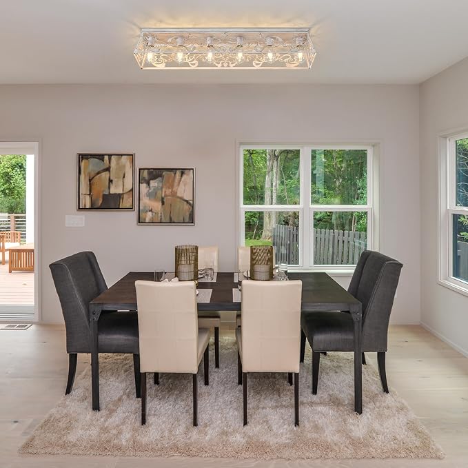 Garwarm 45 Inch 6-Light Rectangular Chandelier, Flush Mount Ceiling Light | Modern Dining Room Light Fixture, Kitchen Ceiling Light for Long Dining Tables, Kitchen Islands, Living Rooms Large Spaces