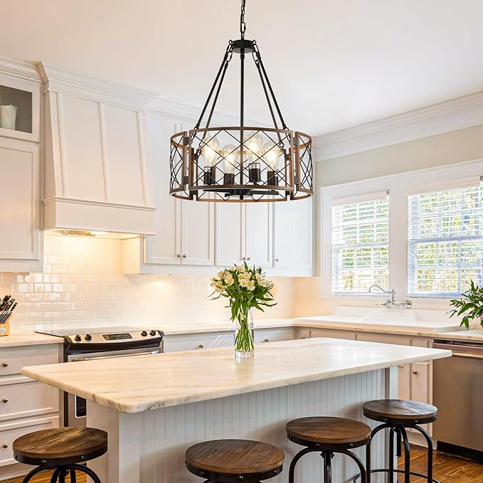 20'' Farmhouse Chandelier, 4-Light Black & Wood Grain Dining Room Light Fixture Over Table, Rustic Industrial Drum Hanging Pendant Lights Fixture for Kitchen Island Bedroom Hallway Foyer Entryway