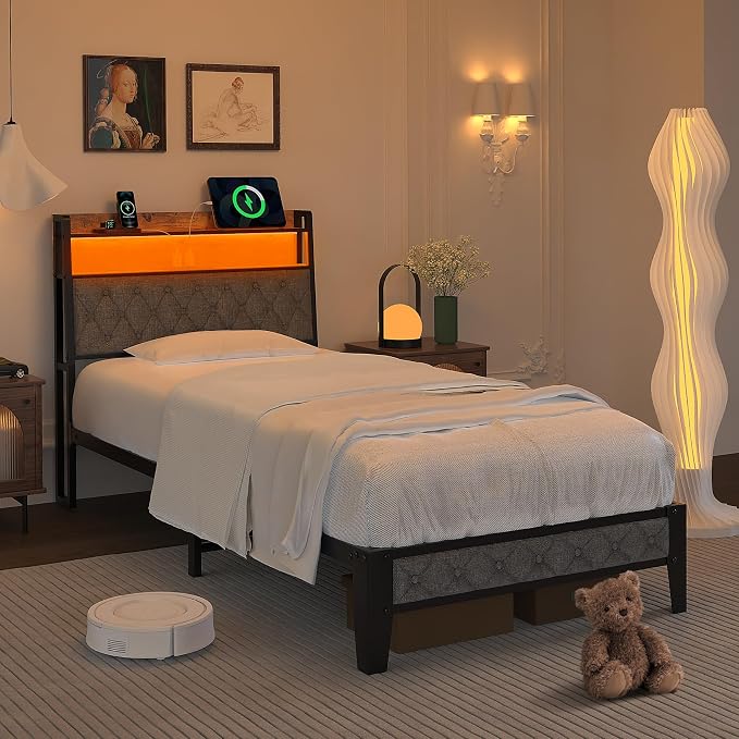 Winkalon Twin Metal Bed Frame with RGB Lights, Charging Station, Upholstered Headboard, Storage Shelves & Under Bed Space, Powder Coated, 250 lbs Capacity