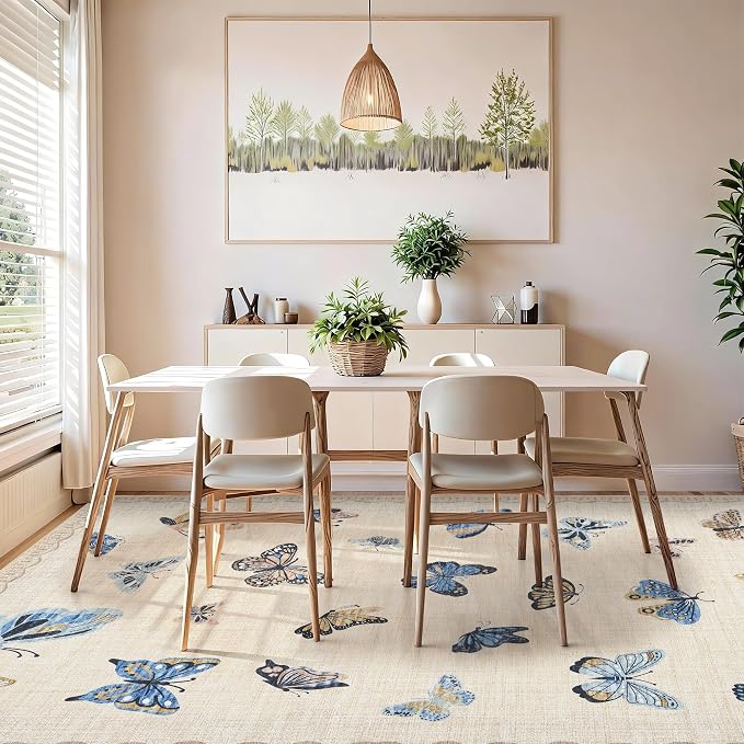 GarveeHome Butterfly Area Rug 5x7, No Slip Washable Rug, Modern Bedroom Rug Under Bed Ultra Carpet, Low-Profile Rugs for Living Room Bedroom Dining Room, Khaki