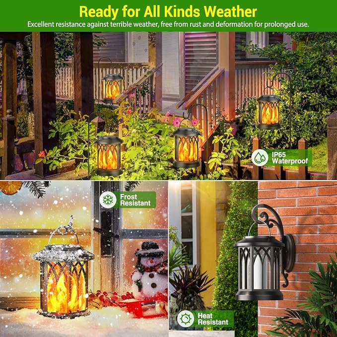 KOOPER Hanging Solar Lights Lantern Outdoor, Flickering Flames Solar Outdoor Lights, Solar Lanterns Outdoor Waterproof with Bigger Panel, Lanterns Decorative Outdoor for Yard Garden Decor, 2 Pack
