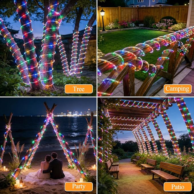 Ollny Solar Rope Lights Outdoor, 2 Pack Total 66FT 200 LED Multicolor String Lights with Remote, 8 Modes Waterproof Timer Tube Light for Tree Holiday Party Wedding Decor