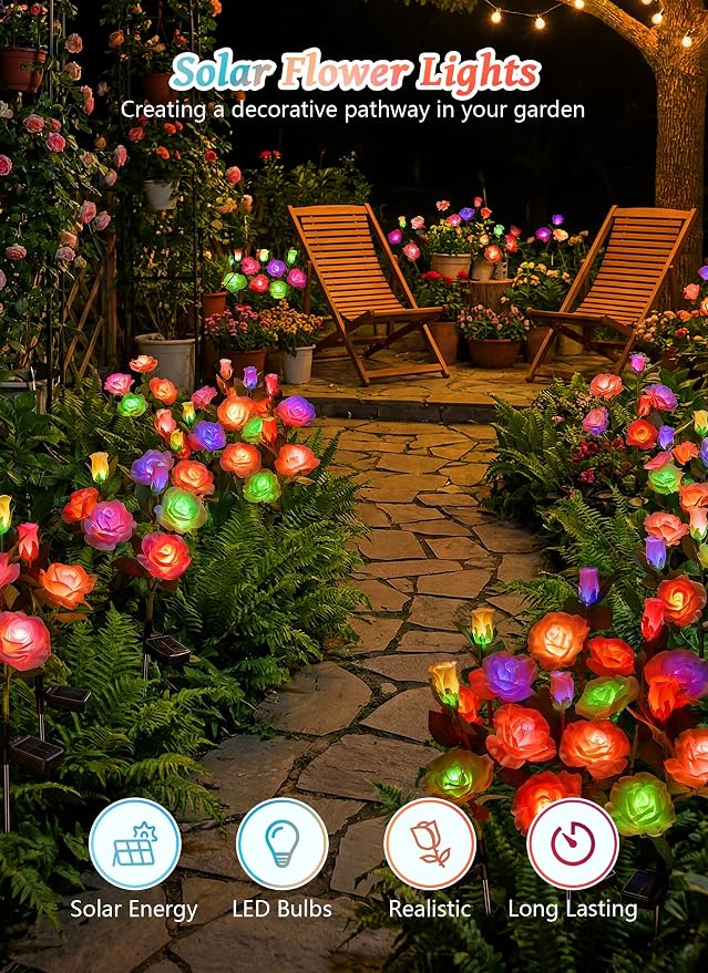 Brightown Solar Garden Lights, 4 Pack 7-Color Changing Rose Flower Lights | Larger & Realistic Rose, Bigger Solar Panel, Waterproof LED Solar Lights Outdoor for Yard Garden Lawn Pathway Decorations