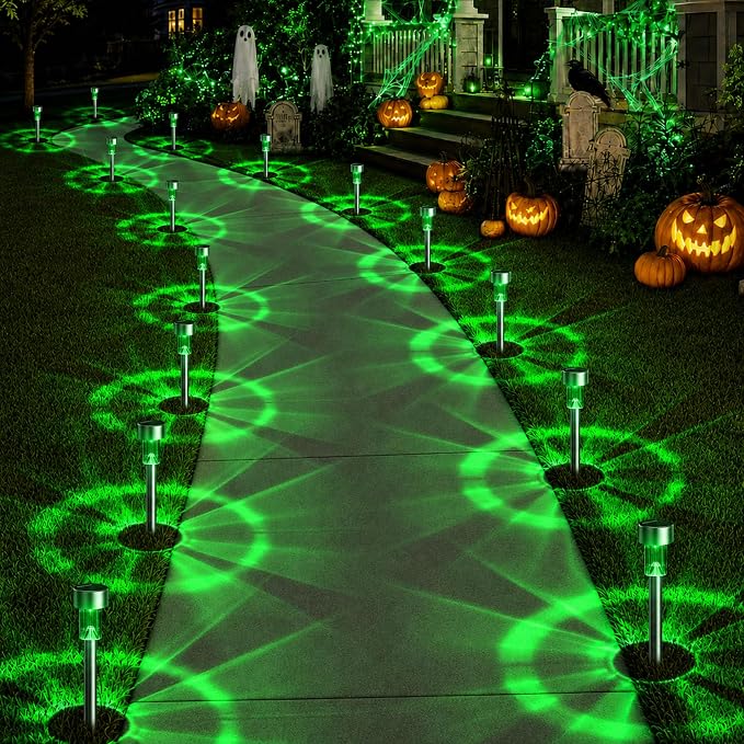 GIGALUMI Green Solar Pathway Lights, 20-Pack Outdoor Halloween Decor | Waterproof LED stainless stakes for yard, garden, driveway, walkway. Green glow creates spooky atmosphere.