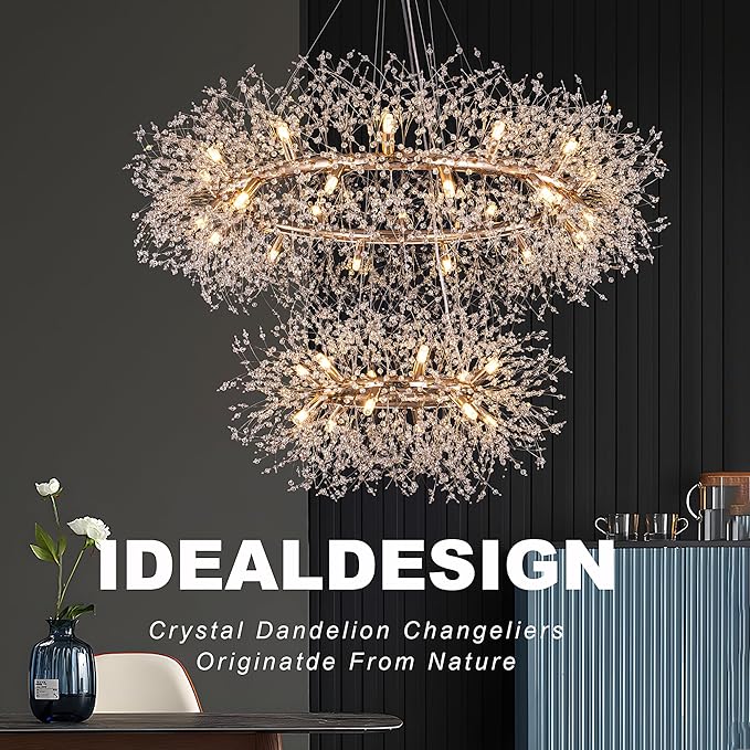 Wellmet Gold Crystal Chandelier 43.3 Inch 2 Tier Modern Firework Chandelier,Mid Century Round Ceiling Lighting for High Ceiling Light for Bedroom Dining Room,Kitchen,Living Room,Entryway,Hallway