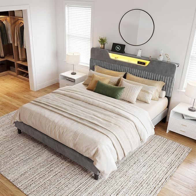 Homkdom Queen Bed Frame with Charging Station & Storage Headboard,Grey | 1USB-C & 2USB-A Charging, RGB LED Lights,7.78" Under-bed Storage,Velvet Upholstered Headboard,No Box Spring,Easy Assembly.