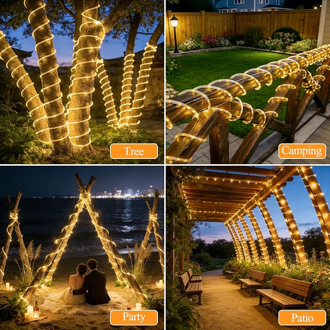 Ollny Solar Rope Lights Outdoor, 33FT 100 LED Warm White String Lights with Remote, 8 Modes Waterproof Timer Tube Light for Tree Holiday Party Wedding Decor