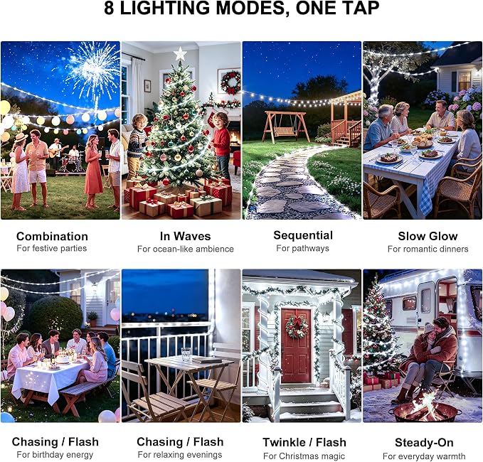 Solar Rope Lights Outdoor Waterproof, 66FT 200 LED Solar String Lights with 8 Lighting Modes,Trampoline Lights, Solar Patio Light for Garden Fence Backyard Deck Porch Pool Tree Christmas Decor