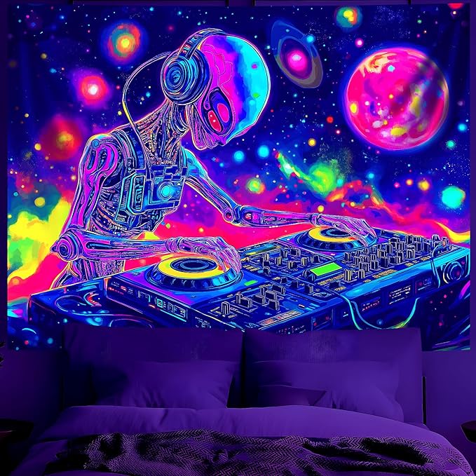 BVBOX Blacklight Space Astronaut Tapestry UV Reactive Galaxy Planet Glow in Dark Tapestries Black Light Poster Neon Wall Hanging Art for bedroom Living Room (Alien 2-3M)