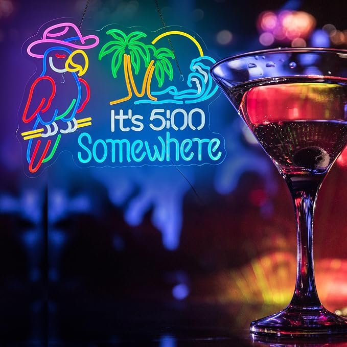 Large Size Parrot Its 5 00 O'clock Somewhere Neon Sign Bar Beer Beach Decor | Palm Tree LED Lights Tropical Coconut It's Five O'clock Some Where Light Up Signs 12v AC Dimmable Man Cave (24 inch)