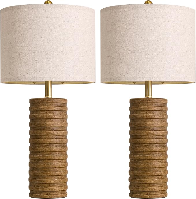 PoKat Farmhouse Table Lamps Set of 2 for Living Room, 27'' Tall Retro Ceramic Bedside Lamps with Linen Lampshade for Bedroom, Vintage Wood-Like Rustic Nightstand Lamp Office Sideboard Hallway (Brown)
