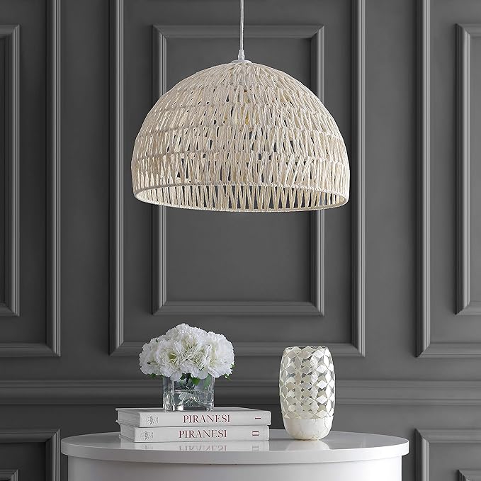JONATHAN Y Campana 1-Light Pendant Dome Ceiling Lamp, 20", Cream | Modern Coastal Farmhouse Decor, Adjustable Height, Woven Rope Metal Frame, LED Bulb Included, UL Listed