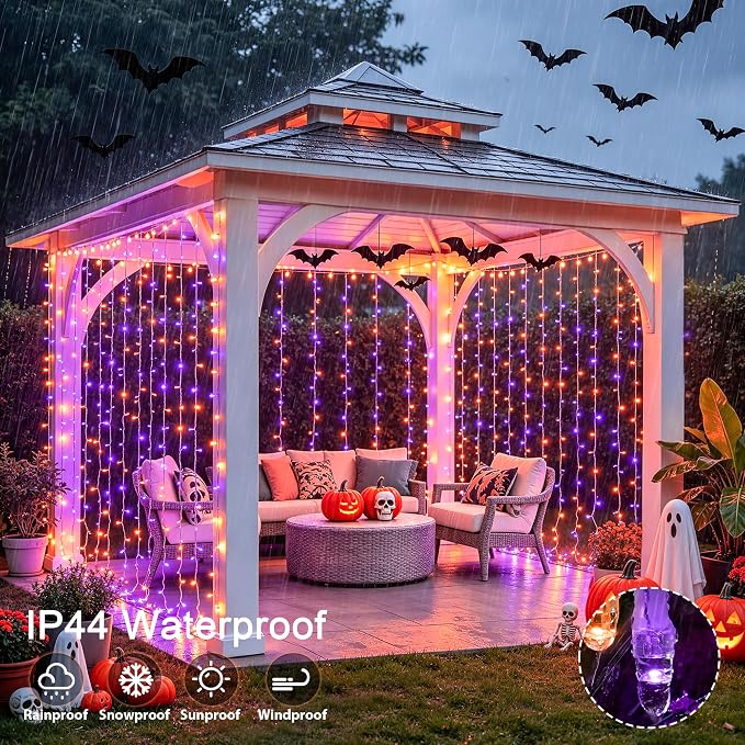 JMEXSUSS 200 LED USB Plug in Orange and Purple Halloween Lights | 6.5ft x 6.5ft, 8 Modes Curtain Halloween Lights with Remote, Curtain String Lights for Party Bedroom Window Halloween Decor