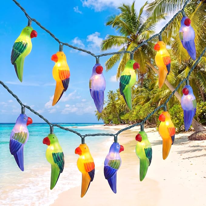 10 LED Tropical Beach Parrot Lights, 8.5Ft Camping String Lights Outdoor | Plug in, Connectable, 10 Multicolor Bird, Hanging Fairy Lights, Summer Hawaiian Decoration for Outside Party Home Decor