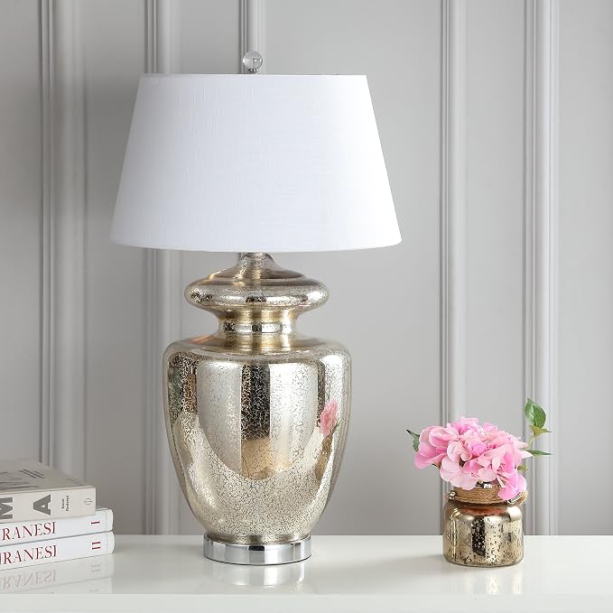 JONATHAN Y Hughes 31" Glass Table Lamp, Mercury Silver/Ivory | Contemporary Urn Bedside Lighting for Living Room, White Linen Drum Shade, Chrome Metal Base, LED Bulb Included