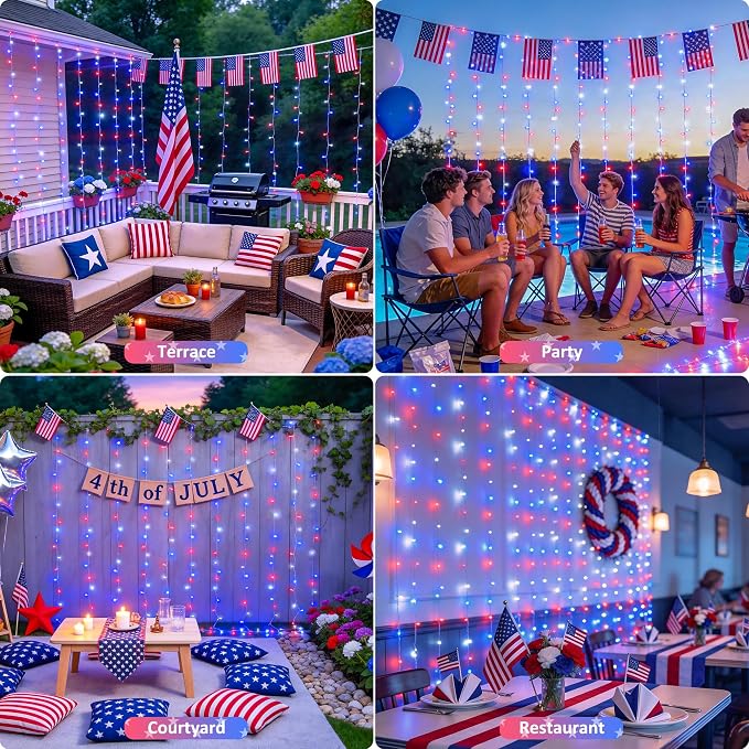 JMEXSUSS 200 LED Red White and Blue Curtain Lights, 6.5ft x 6.5ft | 4th of July Lights USB Plug in, 8 Modes Patriotic Hanging String Lights with Remote for Memorial Day Independence Day Decor