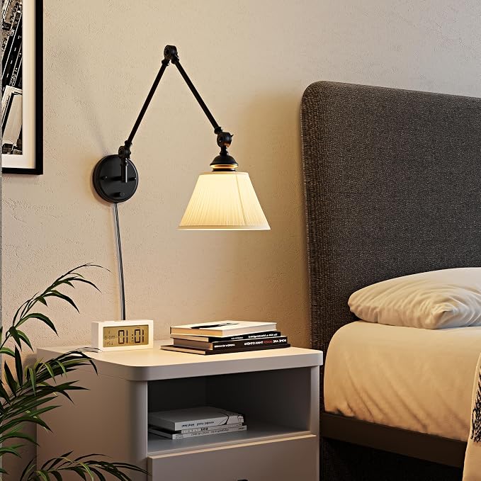 Plug in Wall Sconce, Black Adjustable Swing Arm Wall Lamp, 1 Pack | Fabric Lampshade, Plug-in or Hardwired, E26 Base, 6.6FT Plug-in Cord, Knob Switch, Living room, bedroom, study room, office