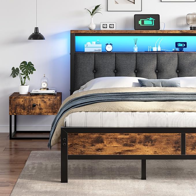 Homkdom King Bed Frame with Storage Headboard & Charging Station | Upholstered Linen, 2-Tier Shelf, 2 AC Outlets, Type-C,RGB LED Remote, 12in Underbed Clearance, 1100 lbs, No Box Spring, Brown