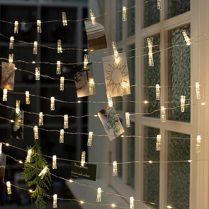 Photo Clips String Light,33FT Fairy Lights with 51 Clips, Battery Operated String Lights with Clips for Pictures, Room Decorations for Dorm Wall Bedroom Wedding Christmas Tree (Clear Clips)