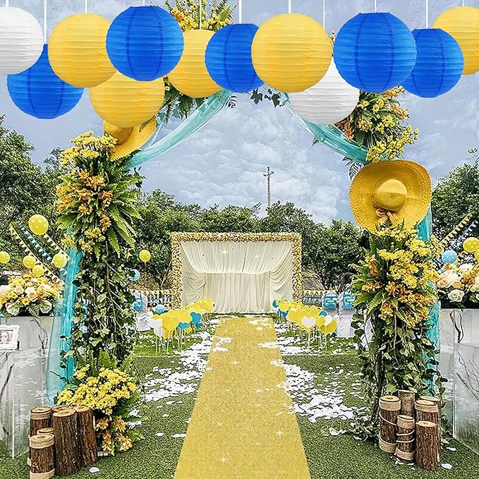 BEISHIDA Blue Yellow White Round Paper Lanterns Decorative Hanging Asia Chinese Japanese Paper Lanterns Lamp for Birthday Graduation Baby Shower Wedding Home Decor Outdoor Party Decoration(12Packs)