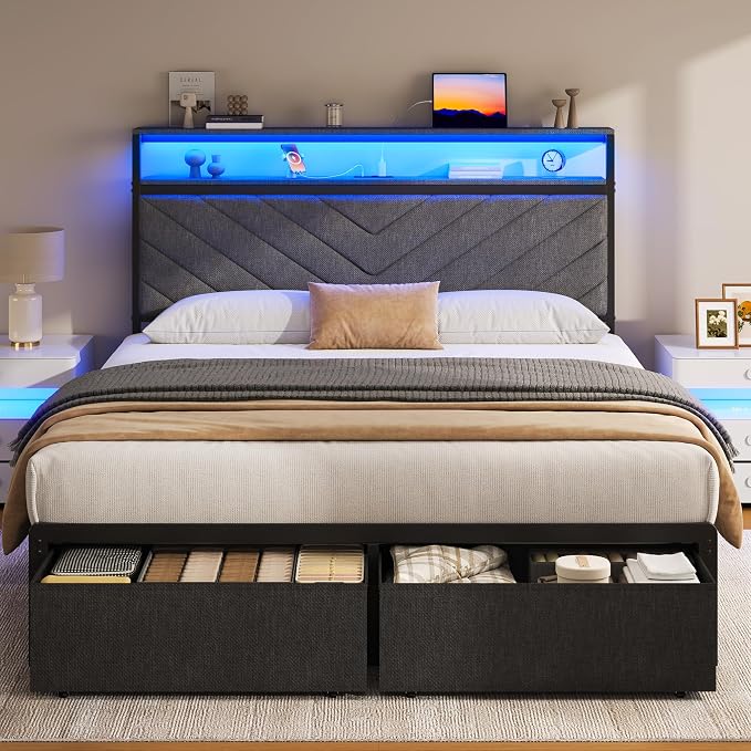Fluest Full Bed Frame with 2 Drawers, Upholstered Headboard with Storage and Charging Station, LED Lights, Fabric Drawers with Wheels, Under Bed Storage, No Box Spring Needed, Easy Assembly, Grey