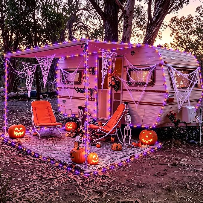 YEGUO Solar Halloween Lights Outdoor Waterproof, 66ft 200 LED Purple and Orange Solar Rope Lights, 8 Modes Fairy Lights in Clear Thin Tube