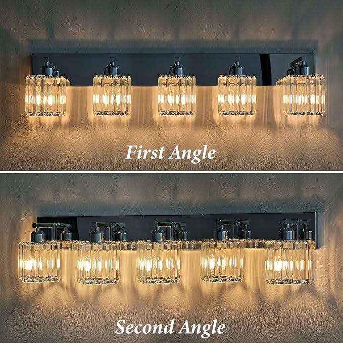 Brushed Chrome Crystal Bathroom Vanity Light, 5-Light Modern Bathroom Lighting Fixtures Over Mirror,Chrome Wall Sconce Light Fixtures with Square Shade