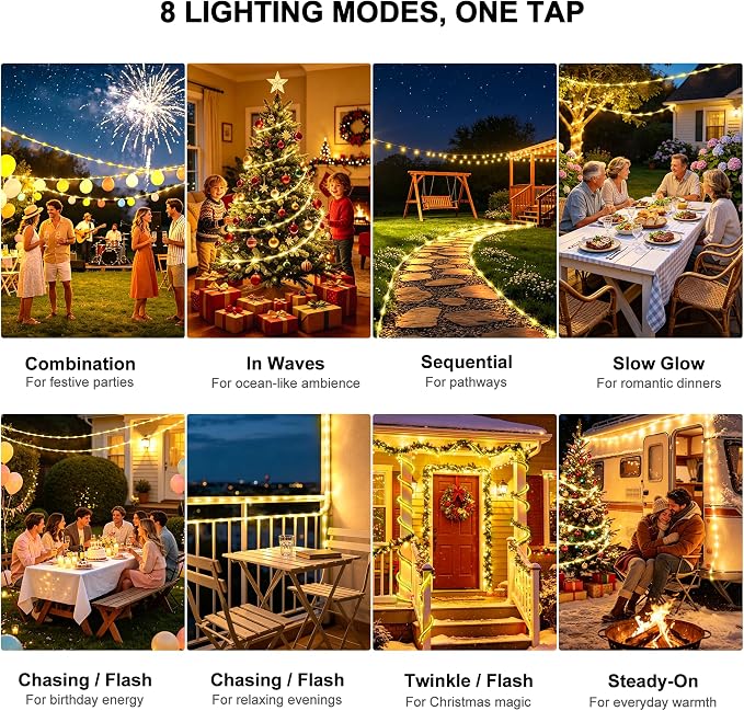 Solar Rope Lights Outdoor Waterproof, 66FT 200 LED Solar String Lights with 8 Lighting Modes,Trampoline Lights, Solar Patio Light for Garden Fence Backyard Deck Porch Pool Tree Christmas Decor