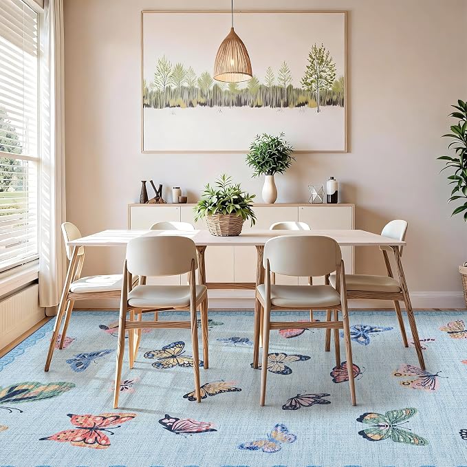 GarveeHome Butterfly Area Rug 9x12, No Slip Washable Rug, Modern Bedroom Rug Under Bed Ultra Carpet, Low-Profile Rugs for Living Room Bedroom Dining Room, Light Blue