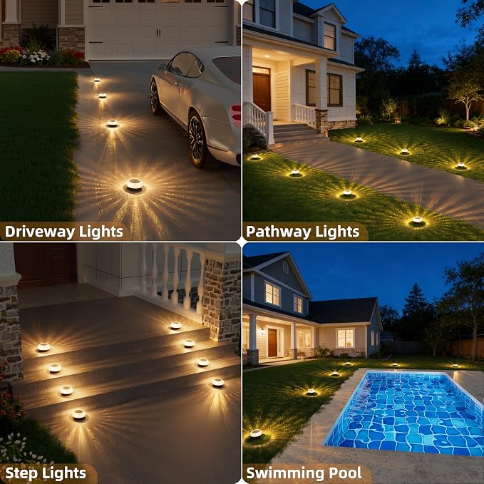 VOLISUN Solar Ground Lights Outdoor,8 Pack Flat Solar Pathway Lights | IP67 Waterproof Solar Powered Disc Lights,Landscape Lighting for Garden Yard Walkway Patio Driveway,Warm White