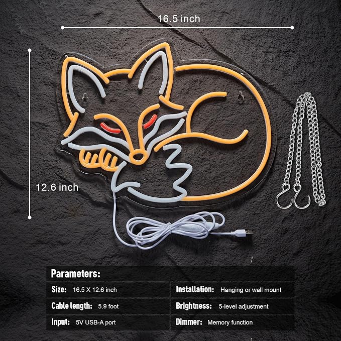 Fox Neon Sign Sleeping Fox LED Light Animal Neon Lights for Bedroom Living Room Wall Decor Birthday Party Gifts for Kids Adults Foxes Lover