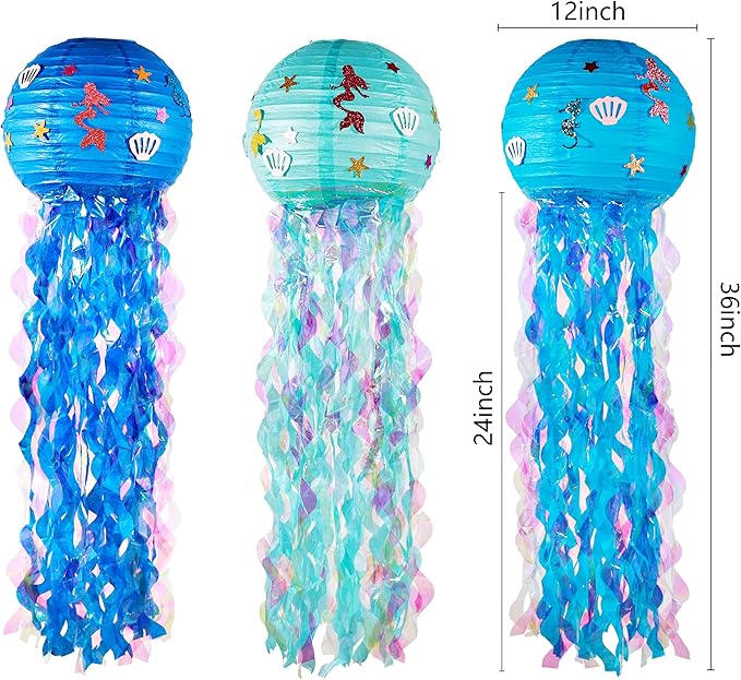 12" Blue Jellyfish Lanterns - Mermaid Birthday Decorations, Under the Sea Party Supplies, Ocean Theme Hanging Jellyfish Decor for Classroom, Nautical Events, and Underwater Adventure (Set of 6)
