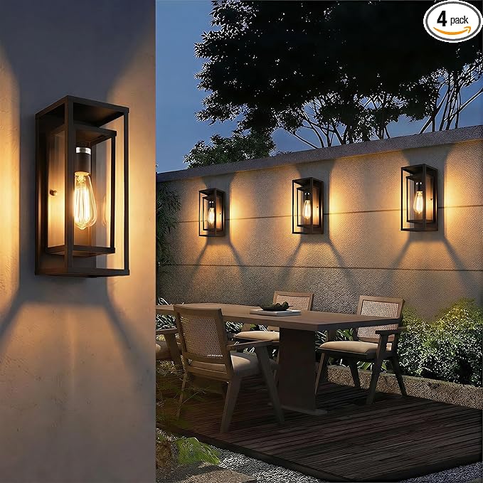 mirrea 14" Classic Outdoor Wall Sconce 1 Light in Matte Black Rectangular Metal Frame and Clear Glass Shade Waterproof Porch Light Patio Light Pack of 4