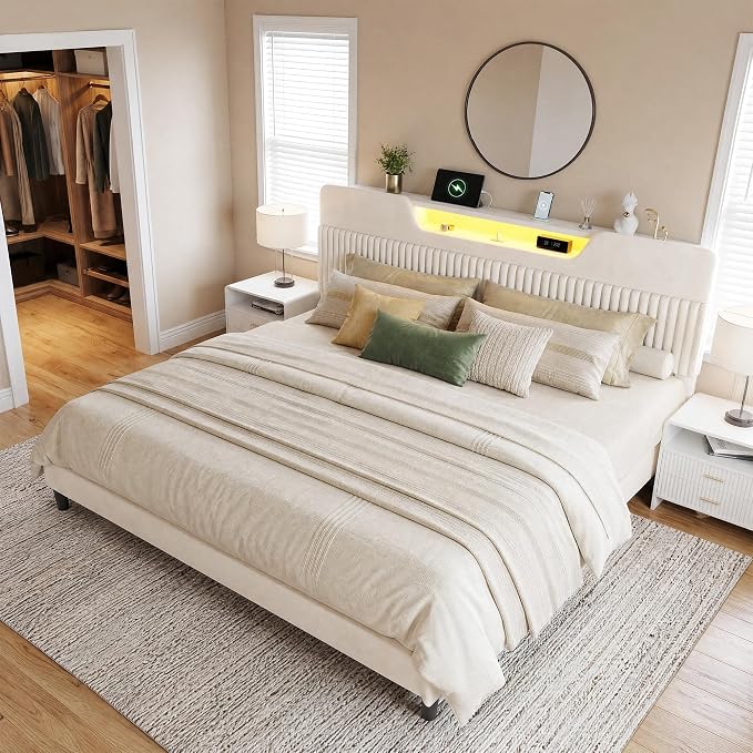 Homkdom King Bed Frame with Charging Station & Storage Headboard,White | 1USB-C & 2USB-A Charging, RGB LED Lights,7.78" Under-bed Storage,Velvet Upholstered Headboard,No Box Spring,Easy Assembly.