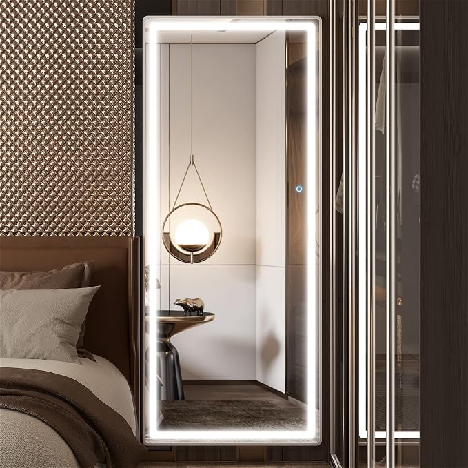 Hasipu Full Length Mirror with Lights, 71" x 28" LED Floor, Full Body Dressing Standing, Hanging Mounted Mirror, Round Black