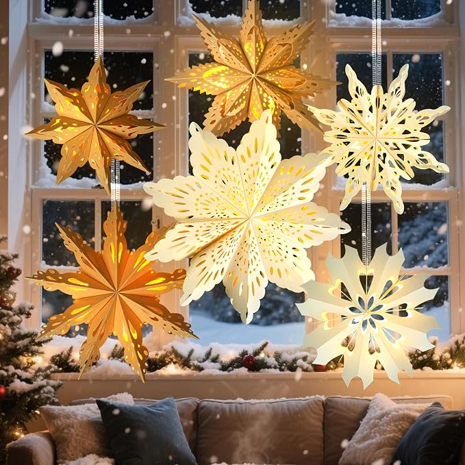 12Pcs Christmas Paper Snowflake Lantern with LED Light, Christmas Paper Star Lantern White Beige Khaki Hanging Hollow Snowflake Lantern for Xmas Holiday Wedding Frozen Birthday Party Home Winter Decor