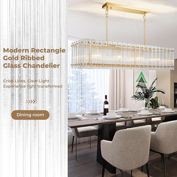 IKK Modern Rectangle Gold Chandeliers for Dining Room, 40" Ribbed Glass Island Light Fixture, Linear Farmhouse Lighting with Adjustable Height for Kitchen Island, Living Room