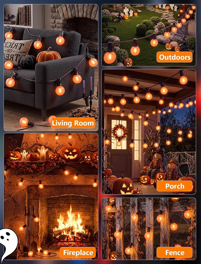 25Ft LED Outdoor Halloween Decorations Lights, 25 G40 Orange Globe Bulbs | Waterproof G40 Patio String Lights, Connectable Shatterproof Hanging Outdoor Lights for Porch Yard Garden Halloween Party