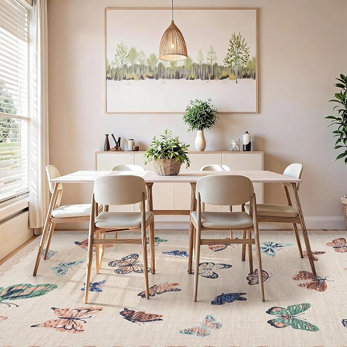 GarveeHome Butterfly Area Rug 9x12, No Slip Washable Rug, Modern Bedroom Rug Under Bed Ultra Carpet, Low-Profile Rugs for Living Room Bedroom Dining Room, Apricot