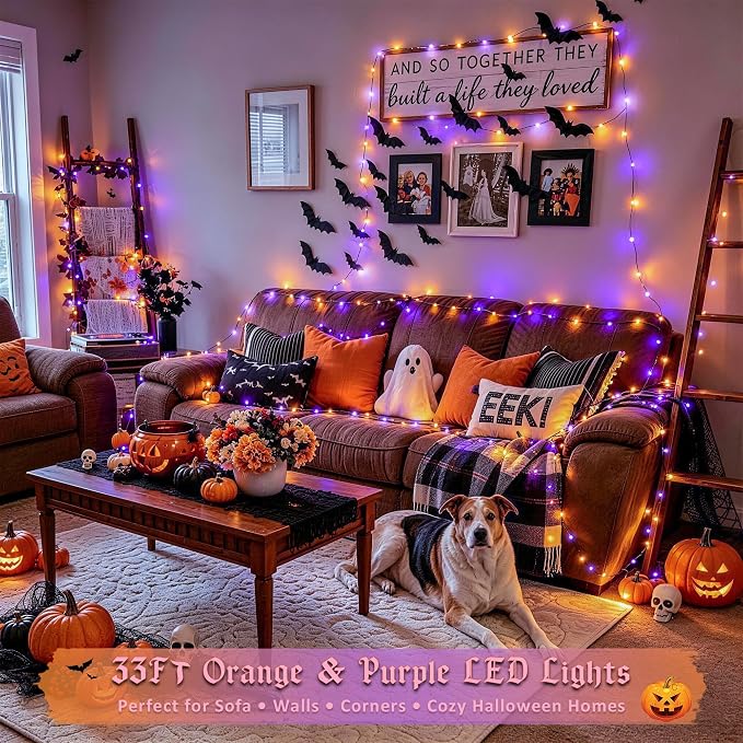 JMEXSUSS 100 LED Orange and Purple Fairy Halloween Lights USB Powered | 8 Modes Timer Plug in Indoor Outdoor Remote Control for Fireplace Room Tree Car Roof Patio Party Halloween Decorations