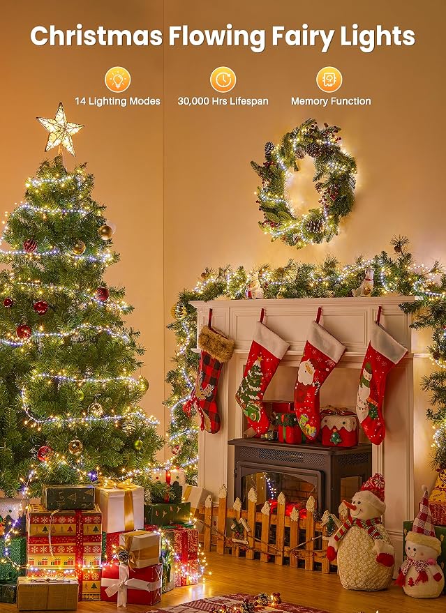 Flowing Fairy Lights Plug in with 14 Modes, 10FT 388LED Twinkle String Lights Indoor, Christmas Tree Lights Indoor Waterproof for Bedroom Christmas Home Room Decor, Warm White + Cool White