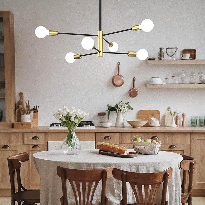 Modern Sputnik Chandeliers for Dining Room, Height Adjustable Semi Flush Black and Gold Chandelier Ceiling Mount Light Fixture 6-Light Mid Century for Living Room, Kitchen Island, Bedroom