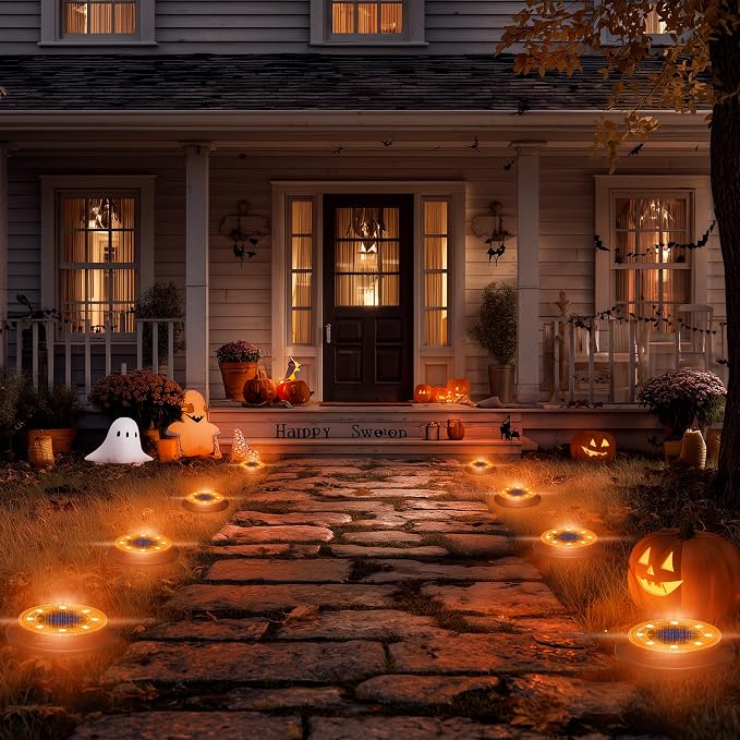 Flacchi Solar Lights Outdoor Waterproof,Orange 12 Pack 2-in-1 Ground Lights | Halloween Lights Outdoor Solar Disk Light Landscape Light for Deck Step Patio Yard Pathway Walkway Driveway Garden