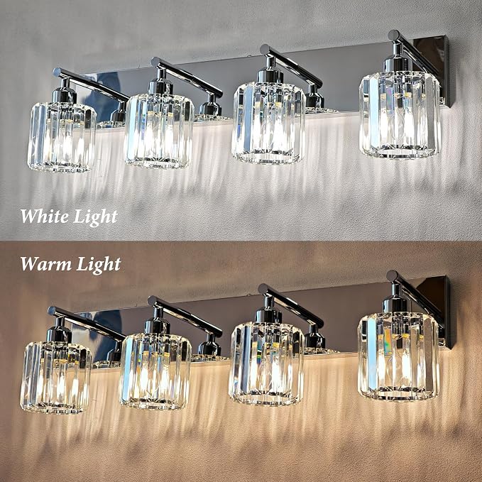 Brushed Chrome Crystal Bathroom Vanity Light, 4-Light Modern Bathroom Lighting Fixtures Over Mirror,Chrome Wall Sconce Light Fixtures with Round Shade