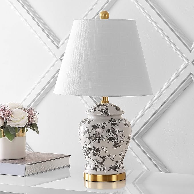 JONATHAN Y Penelope Ginger Jar 22" LED Table Lamp, Gray/White | Chinoiserie, Ceramic Metal Construction, French Country Traditional, Linen Empire Shade, Brass Gold, LED Bulb Included