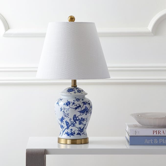 JONATHAN Y Penelope Ginger Jar 22" LED Table Lamp, Blue/White | Chinoiserie, Ceramic Metal Construction, French Country Traditional, Linen Empire Shade, Brass Gold, LED Bulb Included