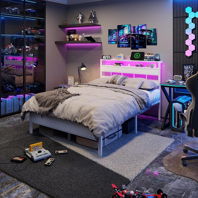 Full Size Bed Frame White, Storage Headboard, LED Lights & Charger | 2-Tier Wood Shelves,12 Metal Slats,Noise-Free,No Box Spring,12.6" Under-Bed Storage,USB & Type-C Ports,Easy Assembly,700lbs.