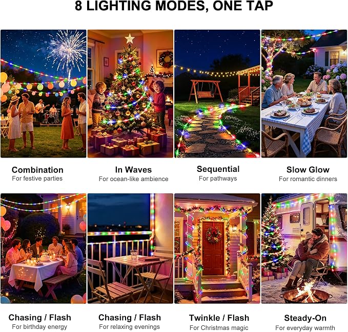 Solar Rope Lights Outdoor Waterproof, 66FT 200 LED Solar String Lights with 8 Lighting Modes,Trampoline Lights, Solar Patio Light for Garden Fence Backyard Deck Porch Pool Tree Christmas Decor